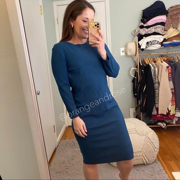 VINCE. Teal Blue Crewneck Long Sleeve Knee Length Bodycon Sheath Mini Dress L - Picture 4 of 13